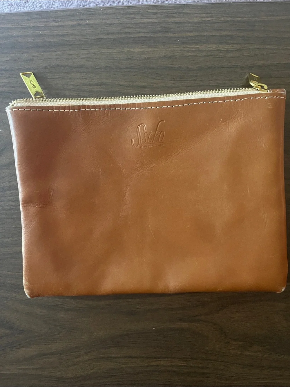Sseko Black Leather Pouch with Tan Strap and Gold Hardware